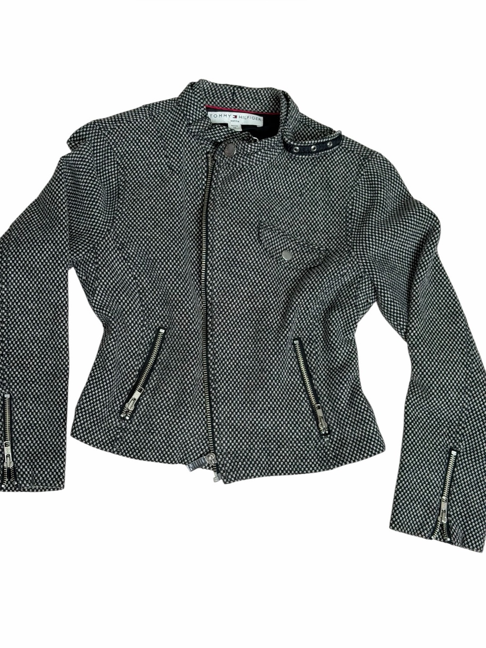 Tommy Hilfiger Black & White Textured Moto-Style Jacket